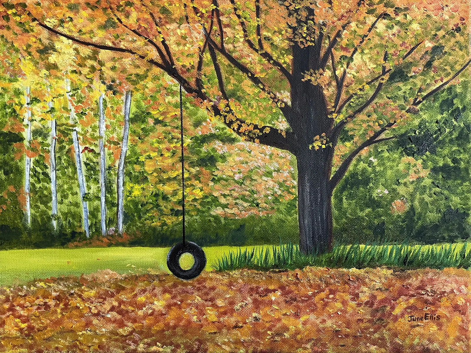 original painting of a large tree in the fall with a tire swing hanging from the branch