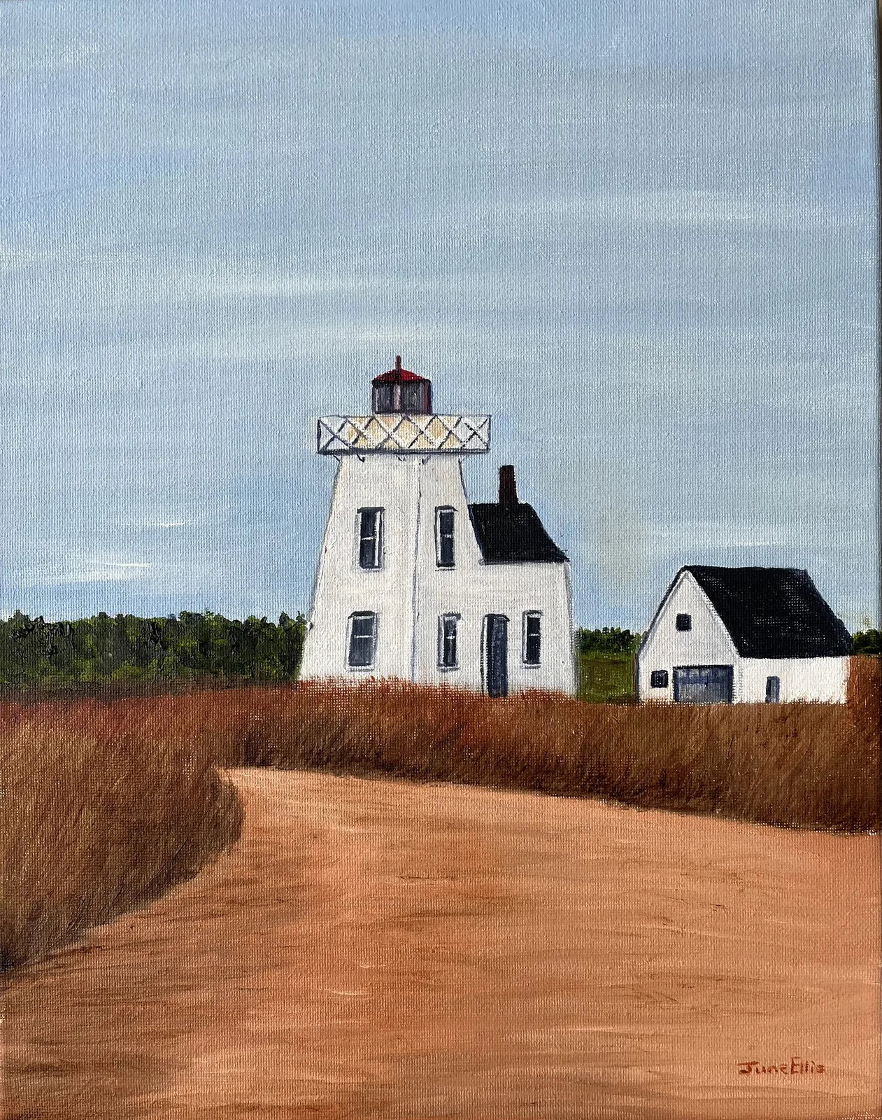 Original oil Painting of North Rustico Lighthouse on Prince Edward Island, maritime art by PEI Artist June Ellis