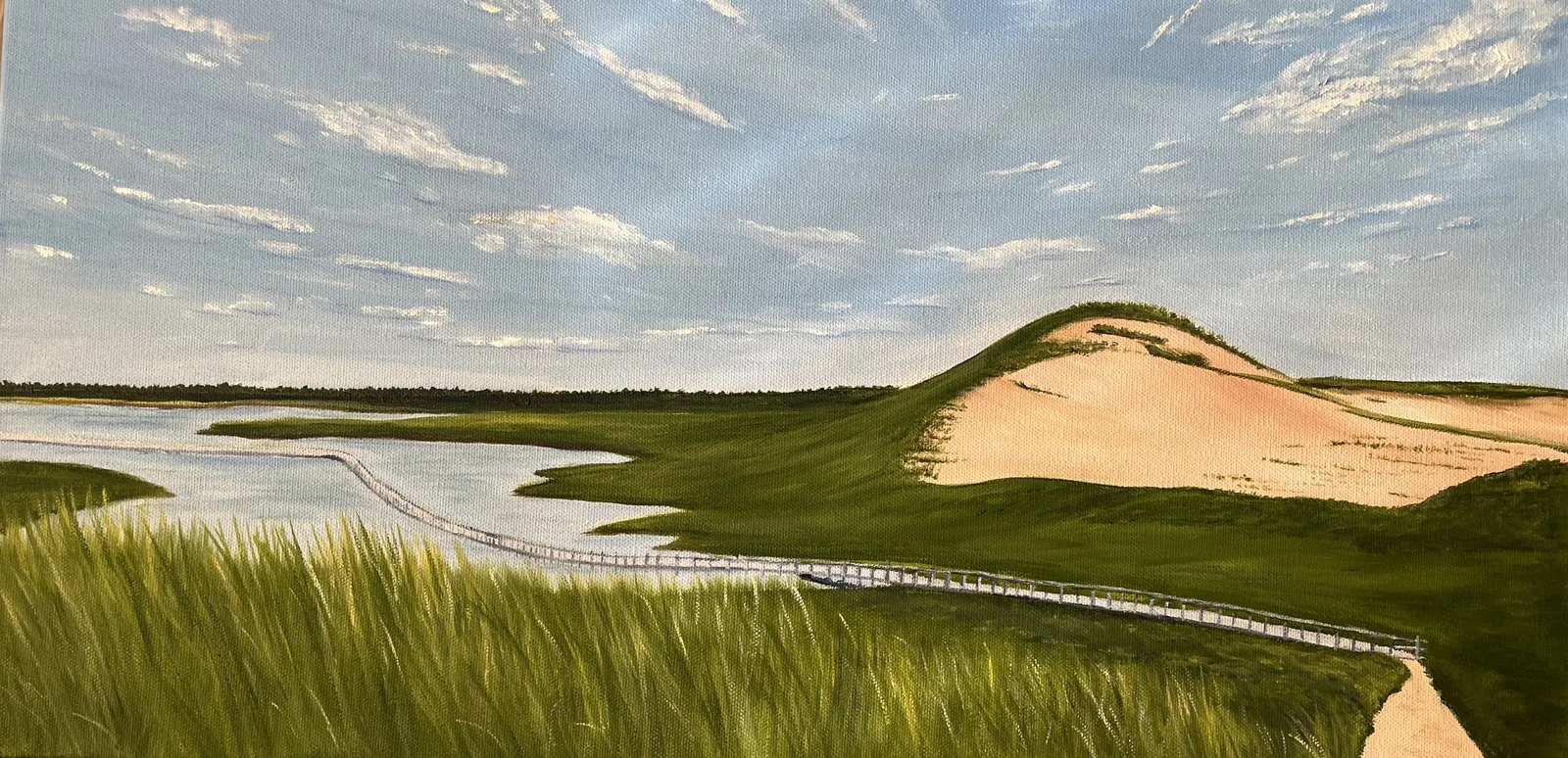 Original 12x24 oil painting on gallery canvas of the dunes at Greenwich PEI by PEI artist June Ellis