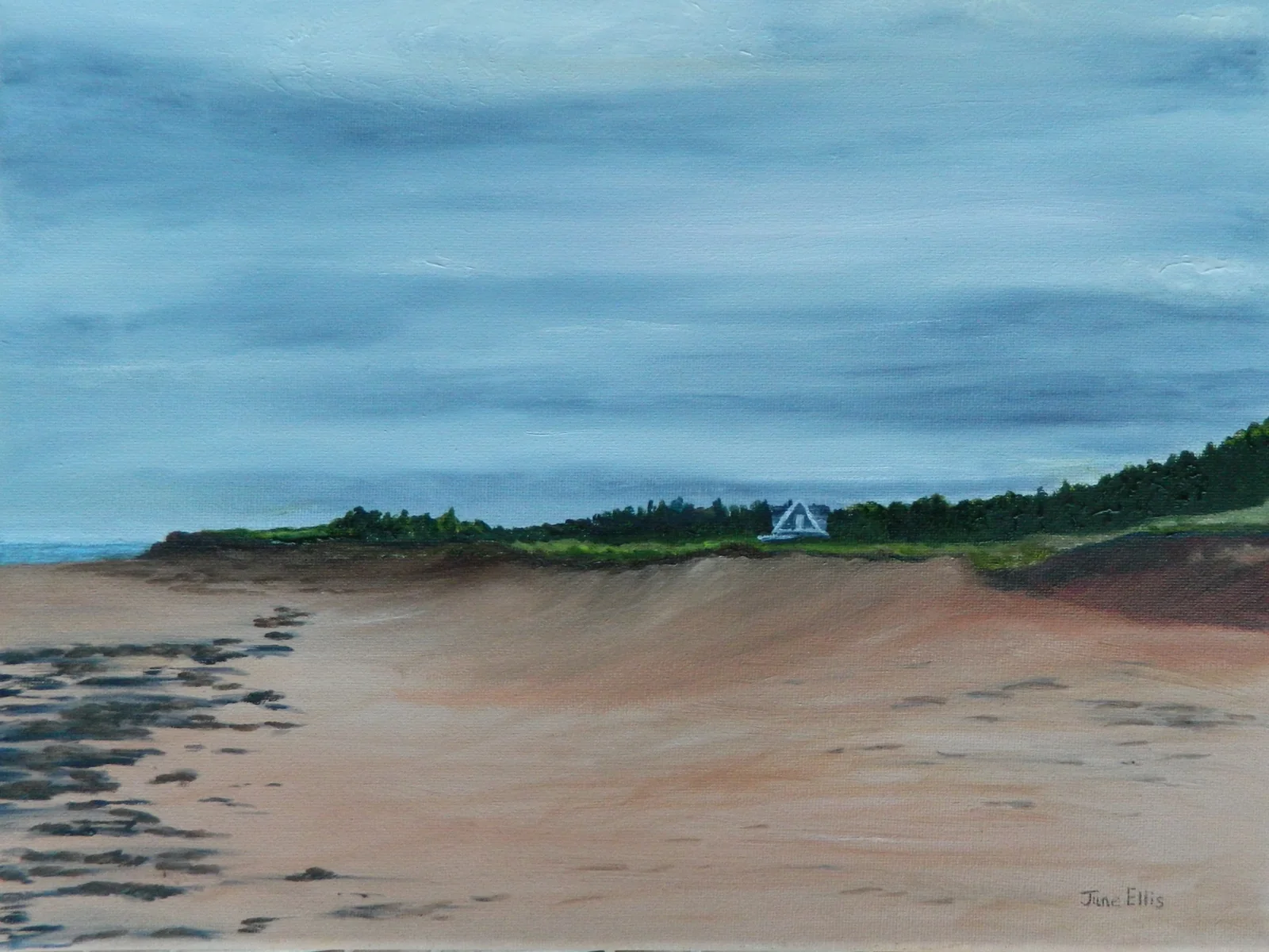 Whispering Sands, Prince Edward Island is an original oil painting on 11x14 canvas shows the sandy beach and beach house