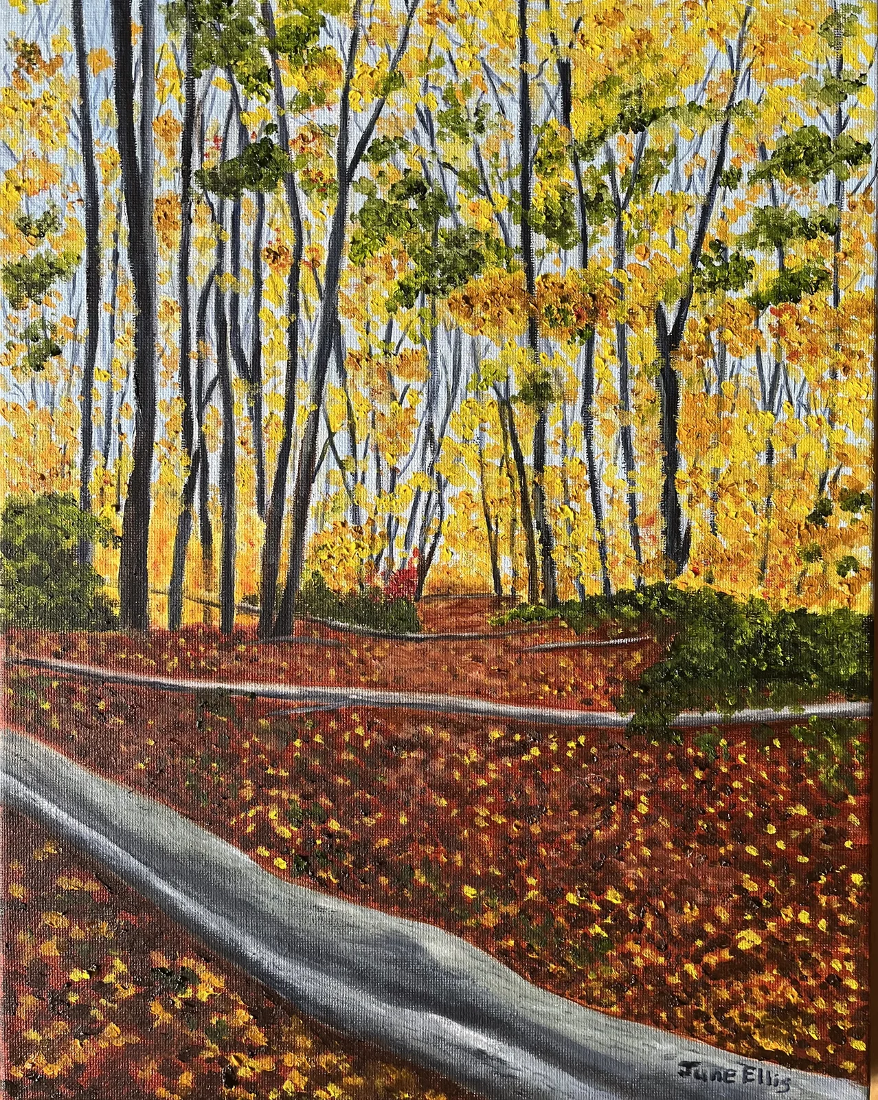 original oil painting of a fall scene with golden leaves PEI art by June Ellis