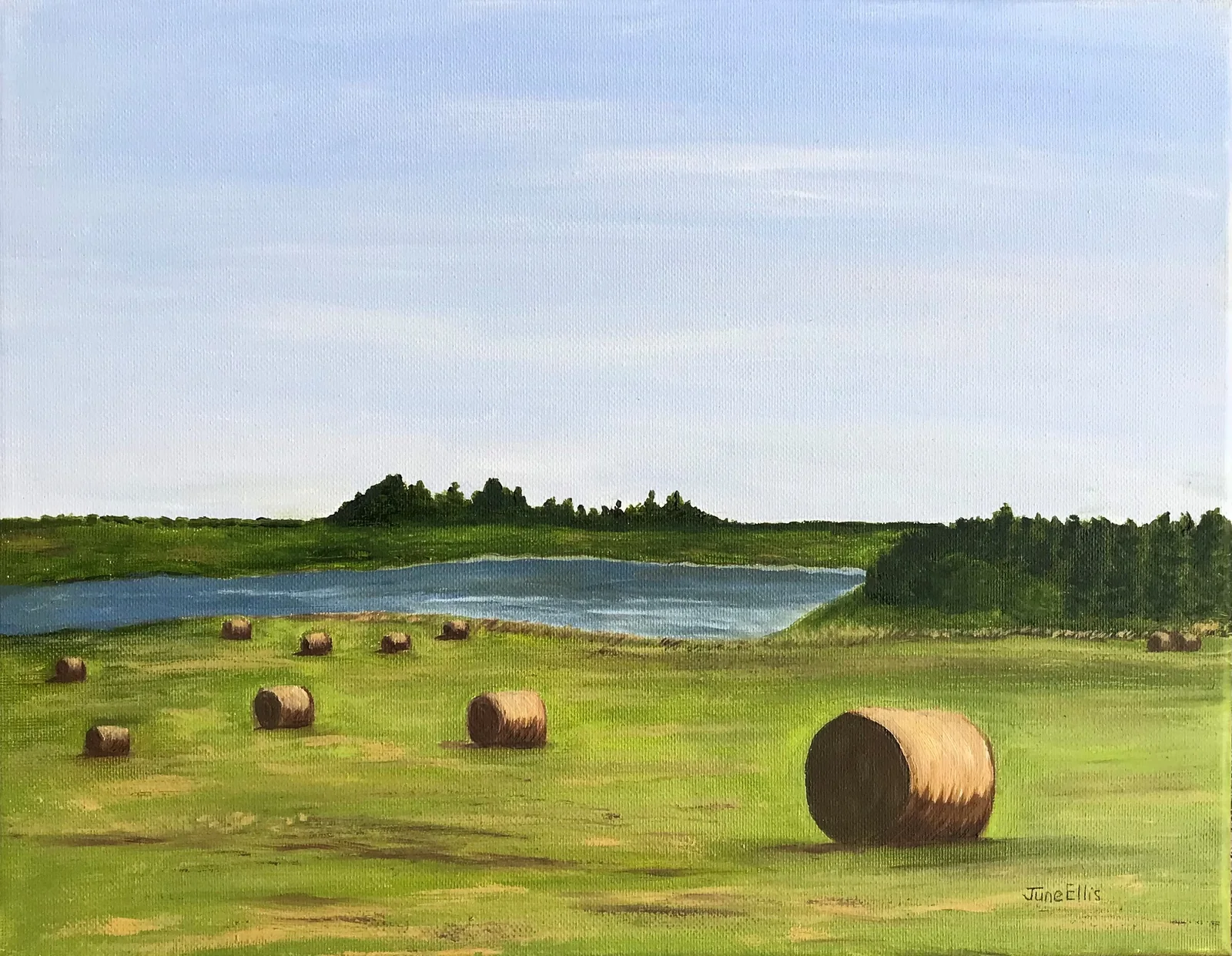 Bales in the Field is an original oil painting on 11x14 canvas shows round bales in the field leading to the water PEI Art