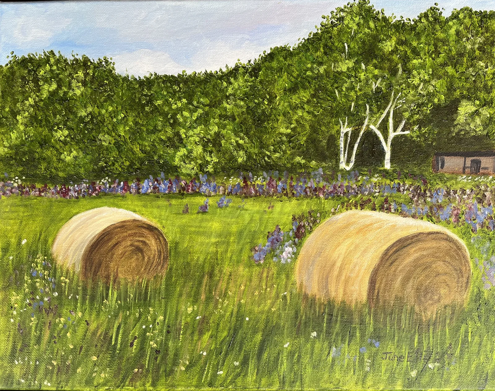 Original PEI oil painting of hay bales in a  Prince Edward Island field surrounded by summer blossoms by June Ellis PEI Art