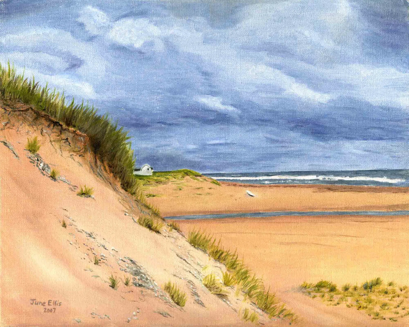 Print from original painting Beach dunes with cottage in far background and stormy clouds by PEI artist June Ellis
