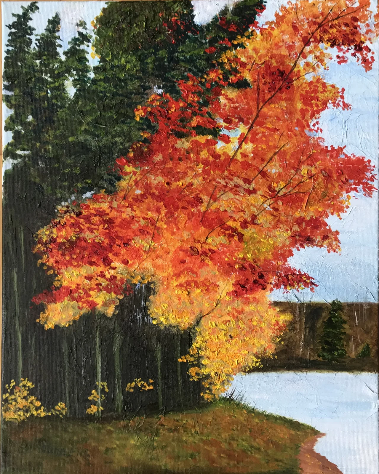 Original oil painting with fiery fall leaves at Mill River Prince Edward Island by PEI Artist June Ellis
