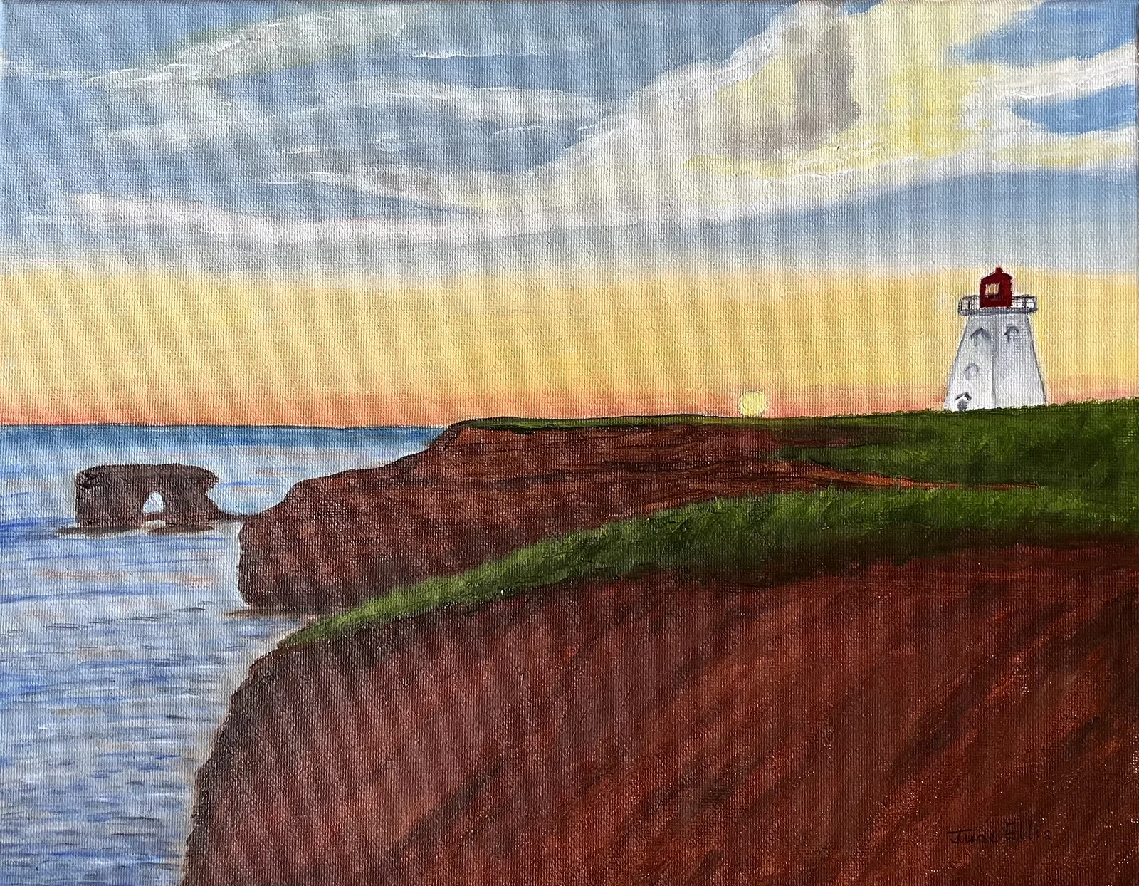 Original Lighthouse painting titled Coastal Guardian, standing watch over the PEI shoreline by June Ellis PEI artist