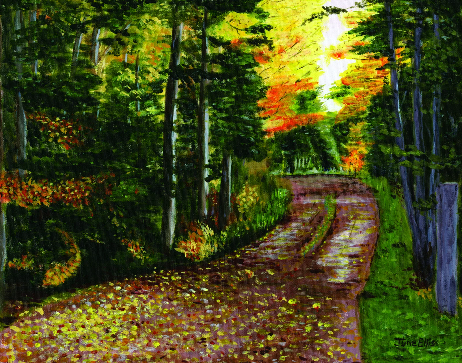 Fall Lane is an original oil painting on 11x14 canvas shows the fall lanes in the woods at Prince Edward Island