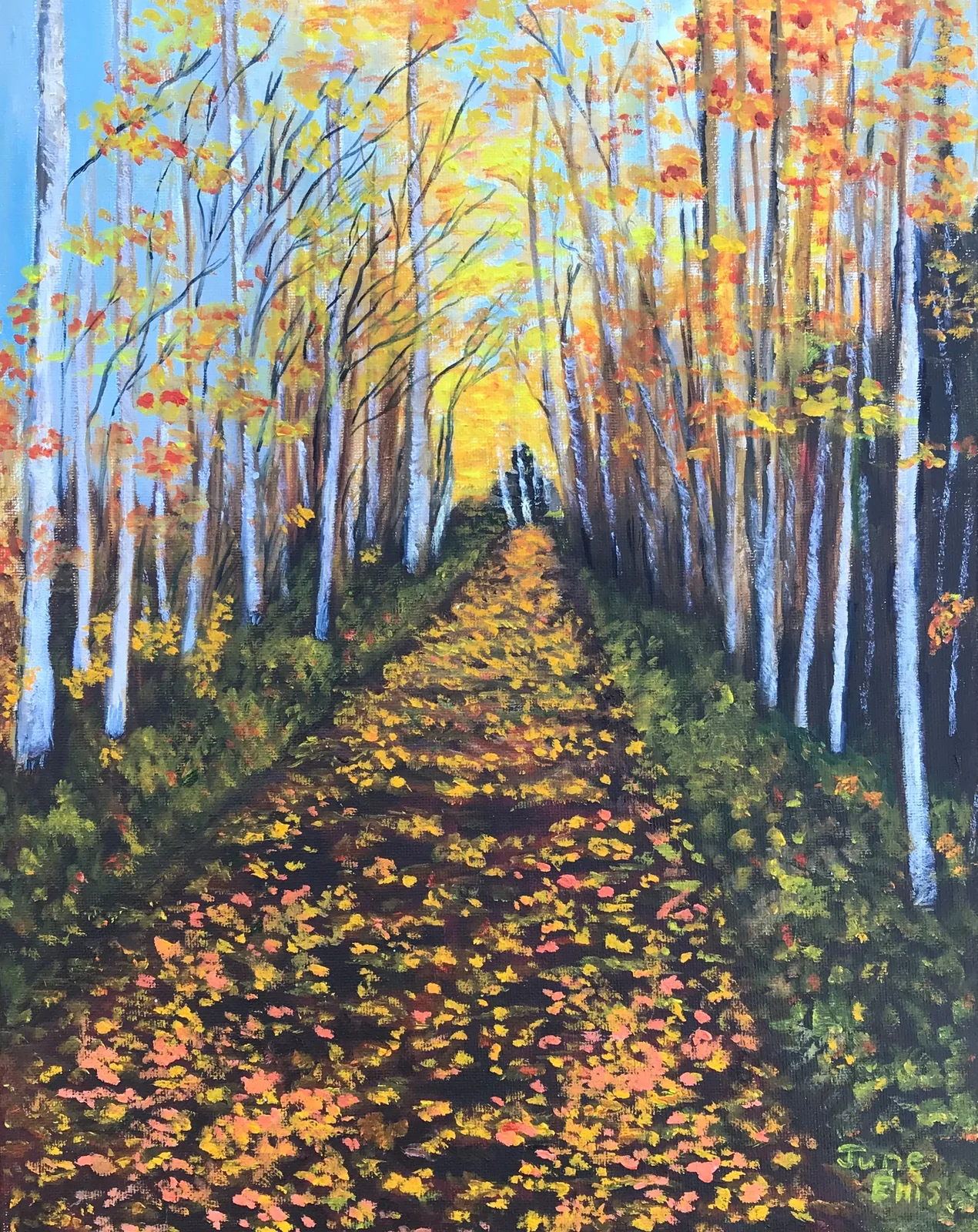 Original oil painting of Fall scene of trail in the woods by PEI artist June Ellis