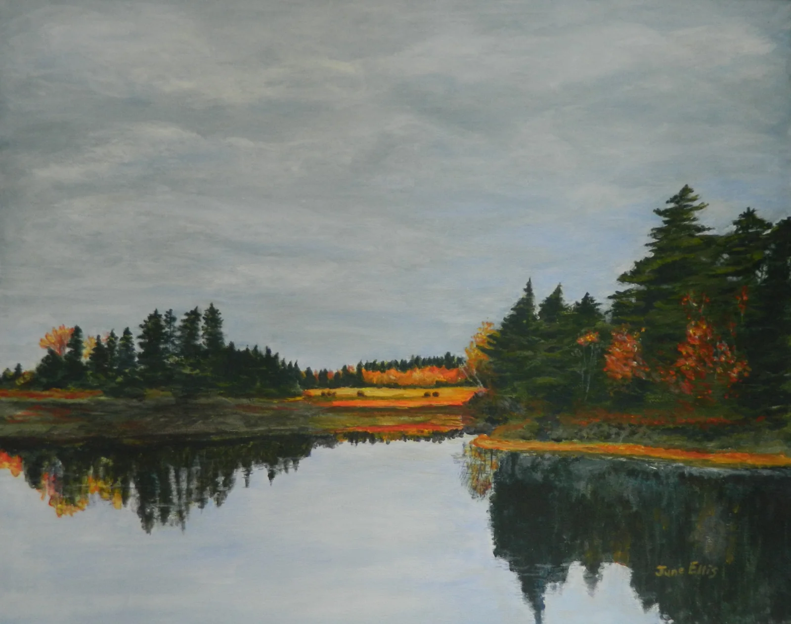 Fall Reflections is an original oil painting on 16x20 canvas shows the fall trees and the reflections in the water PEI art