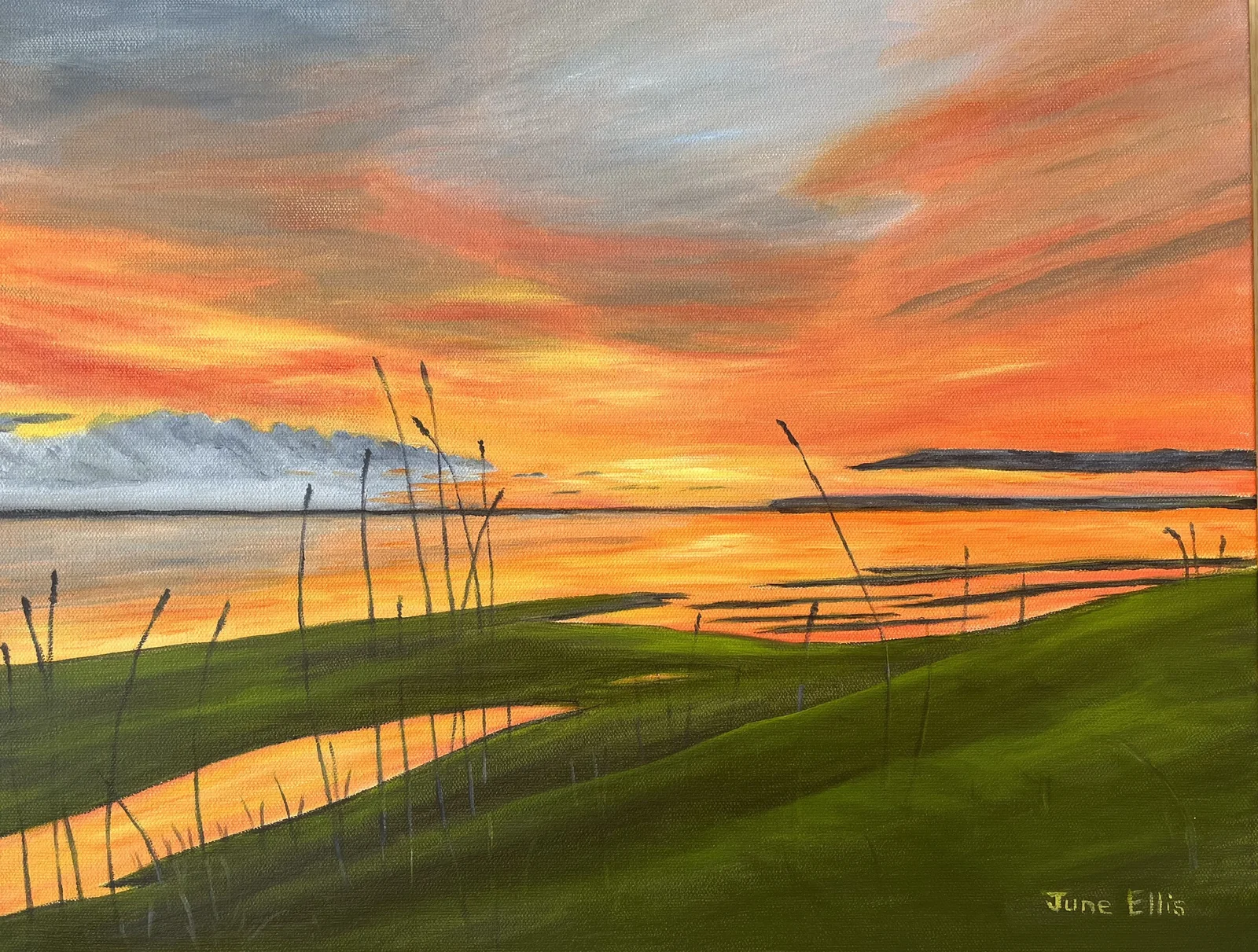 Original oil painting of a PEI seascape sunrise by PEI Artist June Ellis