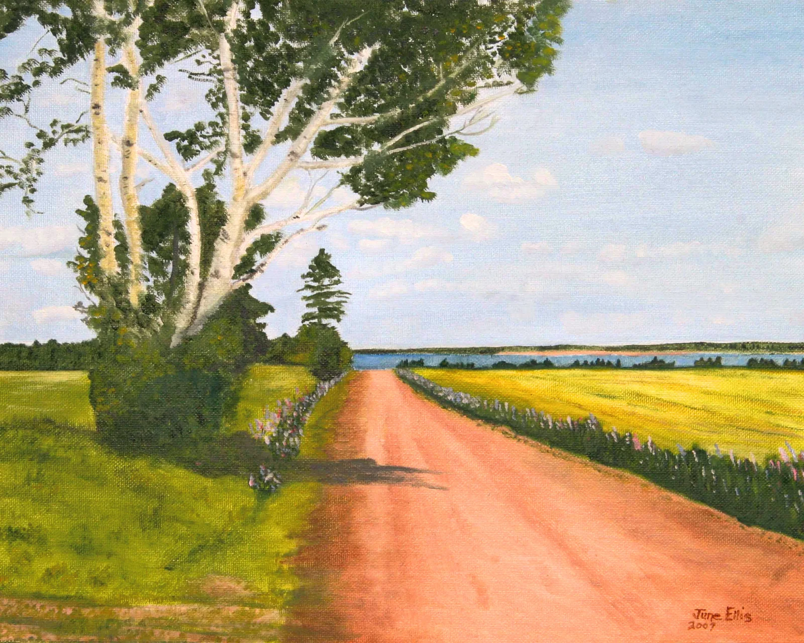 Sandy lane leading to the shore with birch tree in the foreground