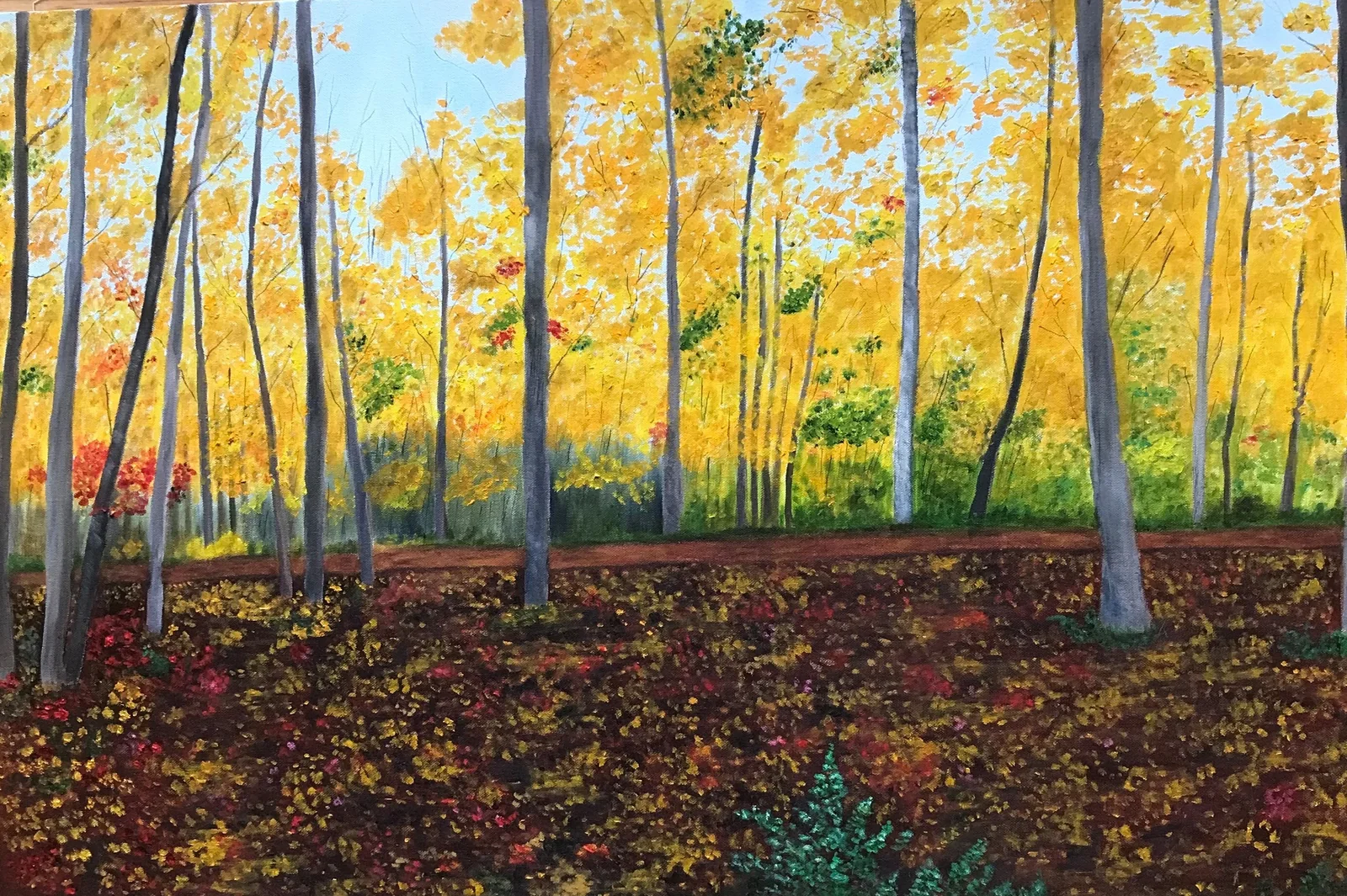 Painting of the Mill River Trail in Prince Edward Island with forest and pathway by June Ellis PEI Artist