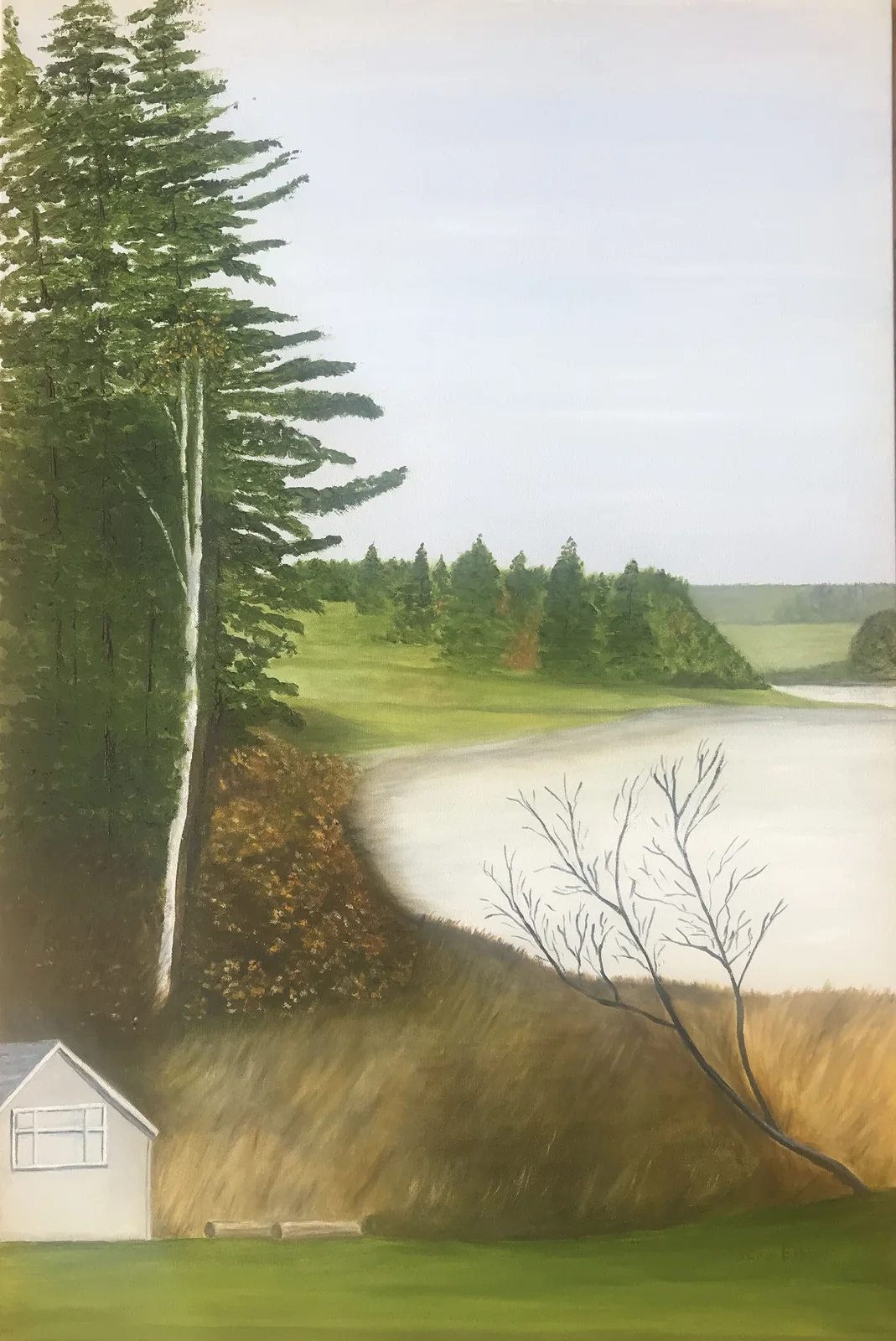 Seascape painting of a misty morning over calm Prince Edward Island waters by PEI artist June Ellis