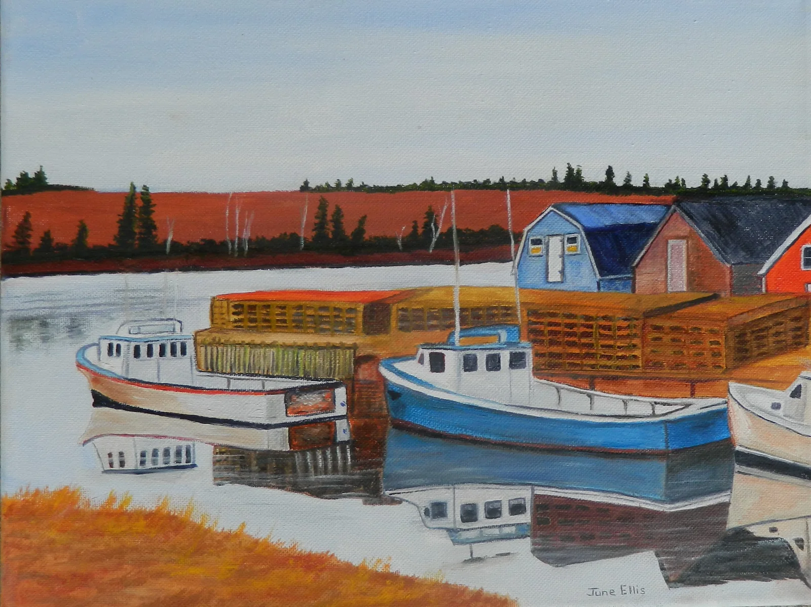 New London Wharf Prince Edward Island is a print of two fishing boats tied up at the wharf by PEI artist June Ellis