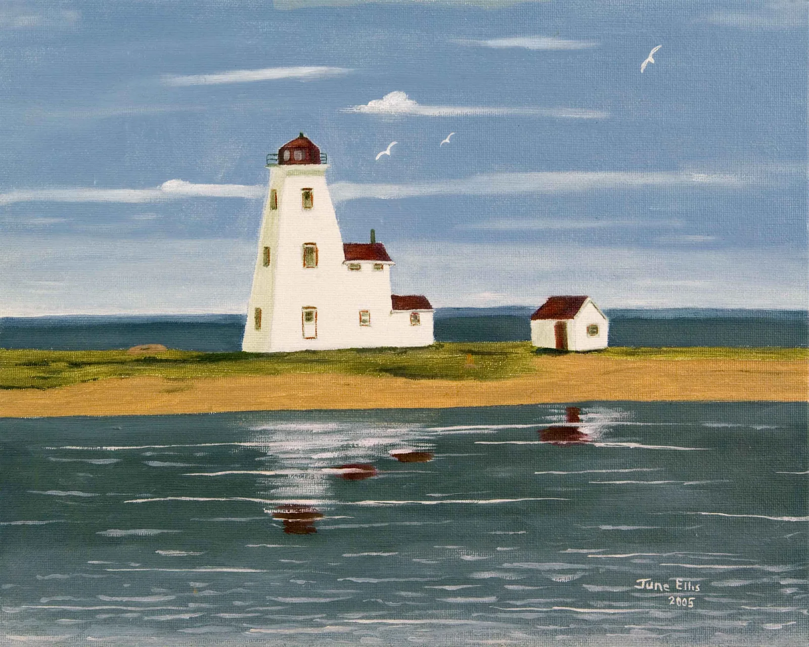 Print of original painting of Northport Lighthouse and its reflection in the water by PEI artist June Ellis
