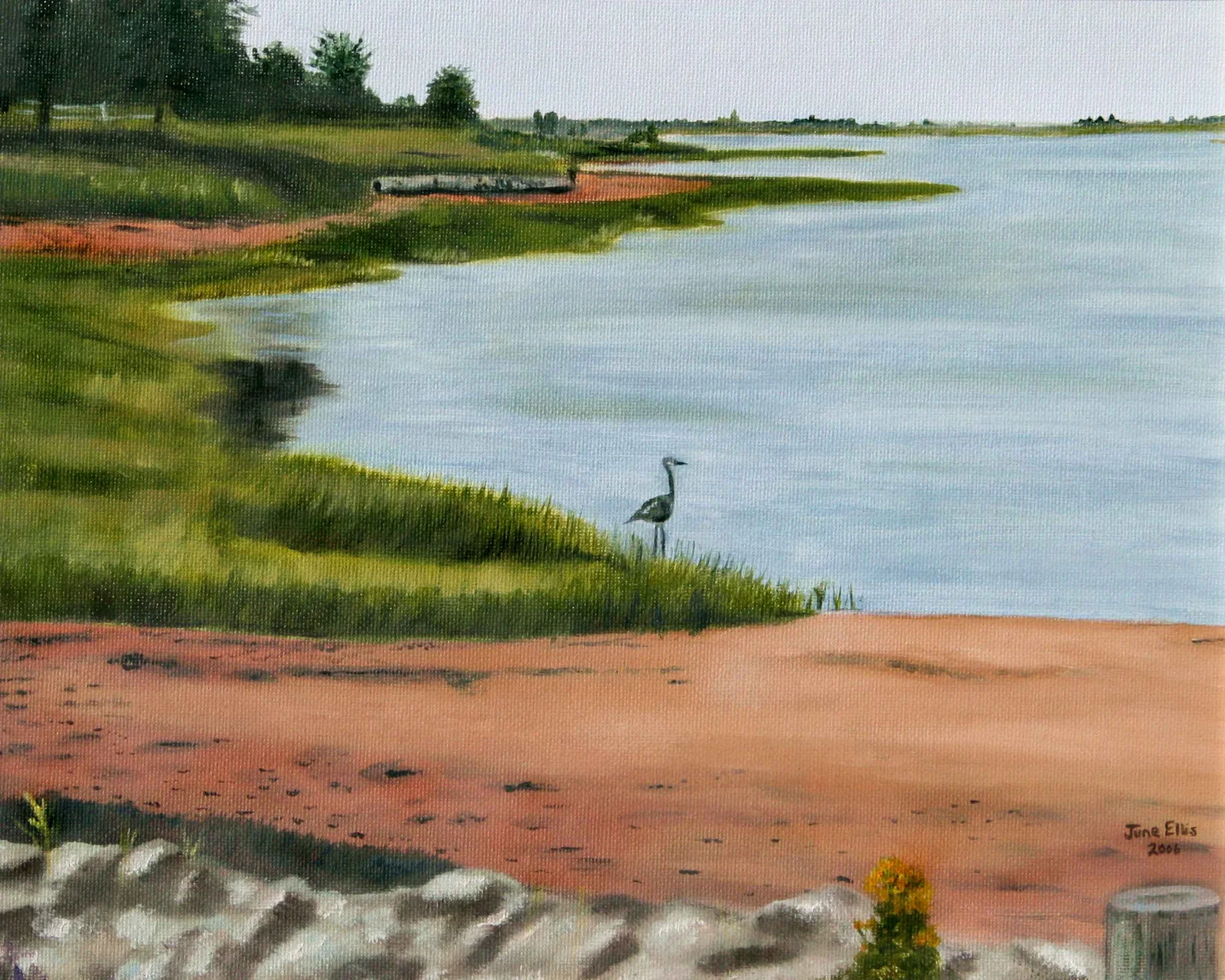 Northport, Prince Edward Island is an original oil painting on 11x14 canvas it shows a crane perched along the shore