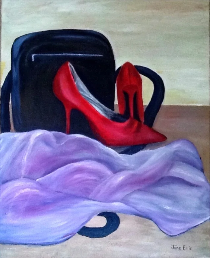 Bright red shoes with black handbag and mauve scarf in the foreground.  Painted in acrylic