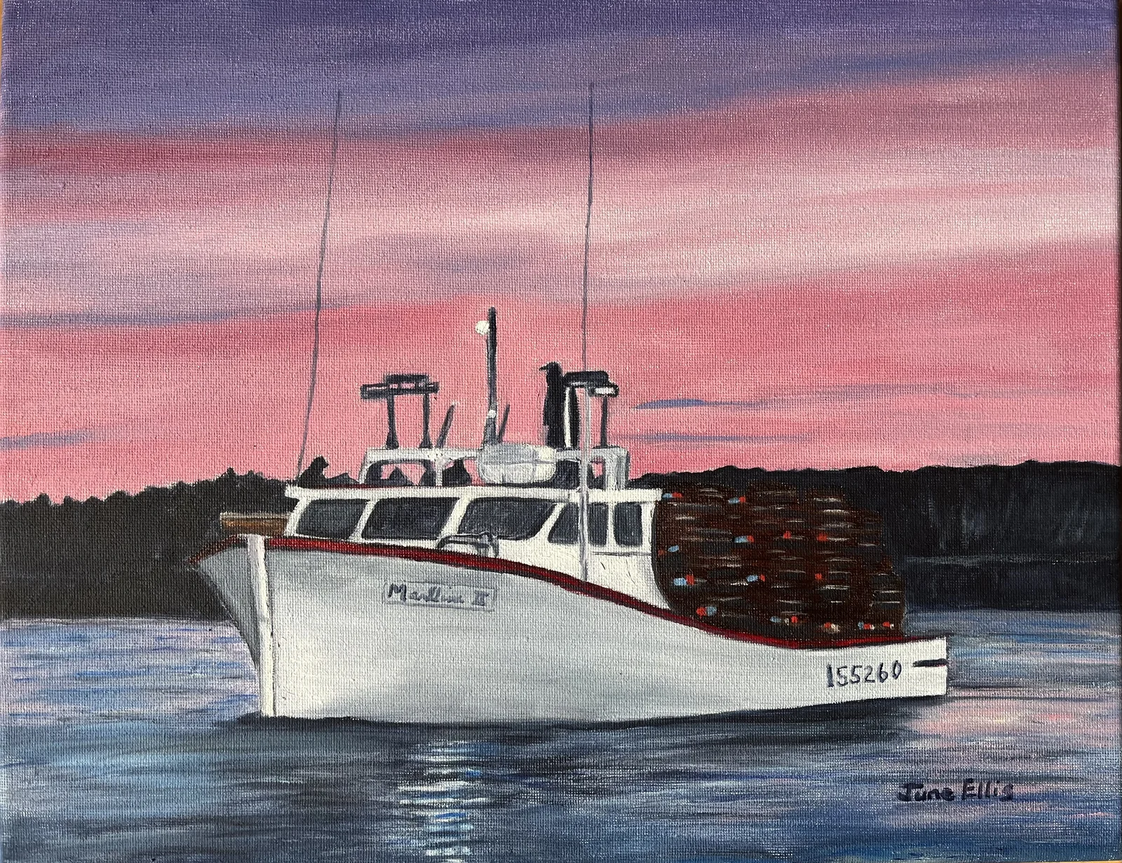 Fishing boat with pink sky in the evening