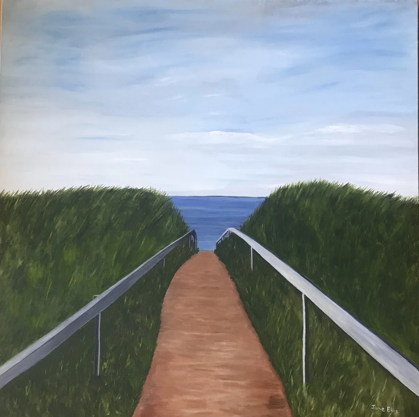 Original large oil painting of a path to the beach at Skinners Pond Prince Edward Island by June Ellis PEI Artist