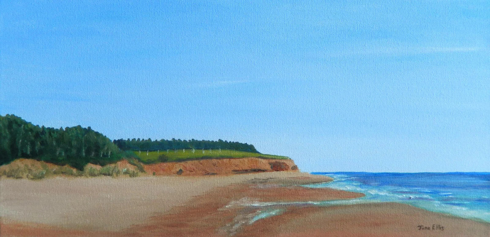 The Beach Awaits, Prince Edward Island is an original oil painting on 10x20 canvas shows the sandy beach and cliffs